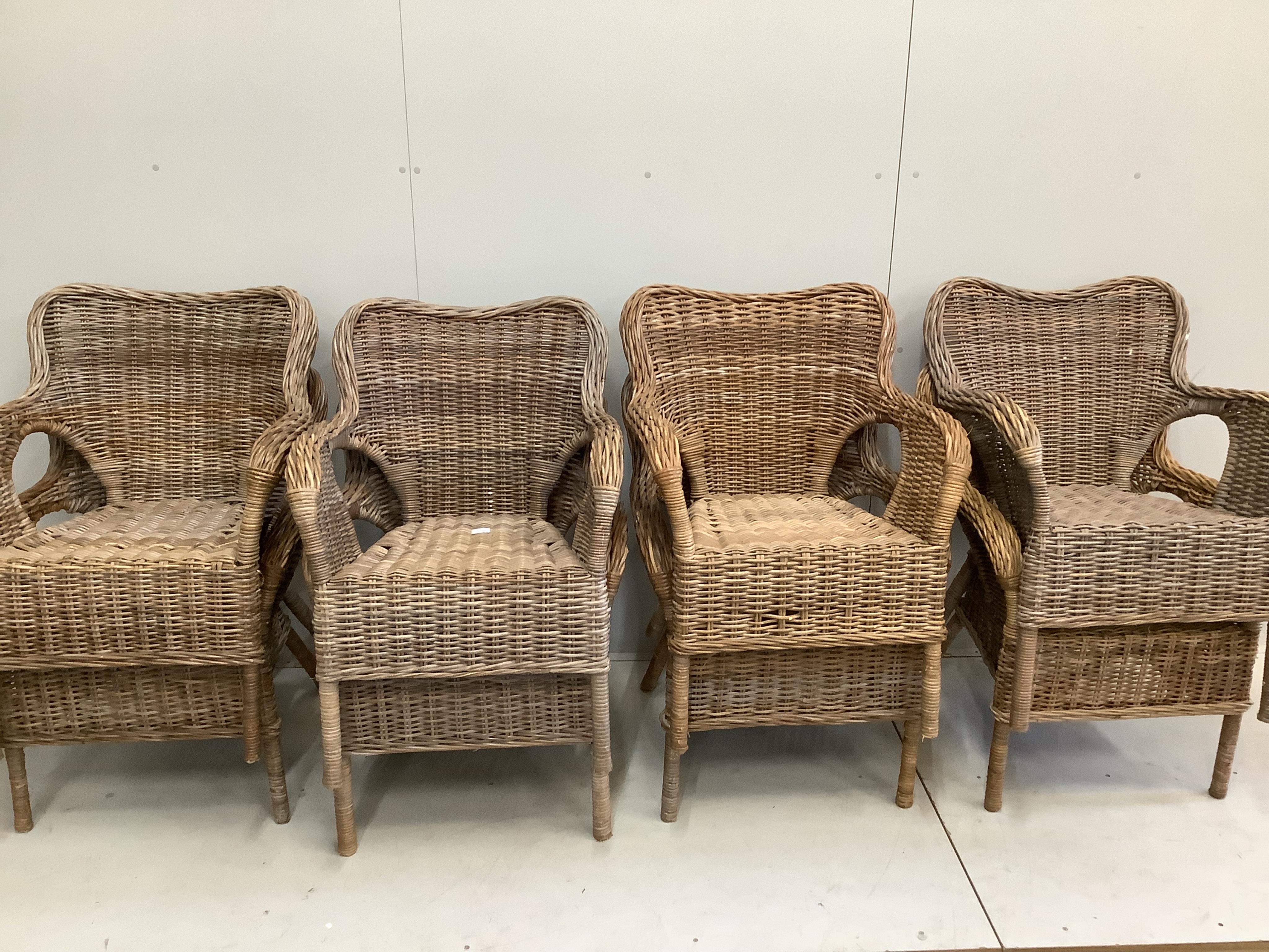 A set of eight rattan garden chairs, width 68cm, depth 54cm, height 90cm